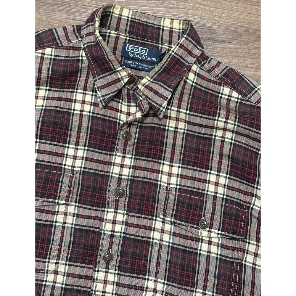 VTG Polo Ralph Lauren Red Plaid Double Pocket Stanfield Workshirt Sz L